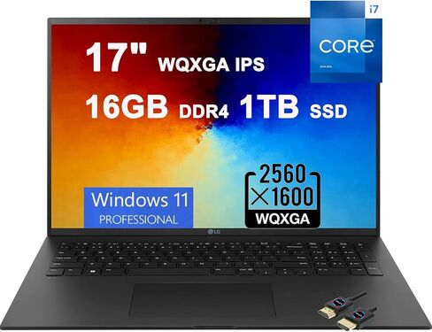 كمبيوتر محمول LG Gram 17 Business خفيف الوزن | 17 بوصة WQXGA IPS | الجيل الثالث عشر Intel 12-Core i7-1360P | 16 جيجابايت DDR4 1 تيرابايت SSD | بإضاءة خلفية Thunderbolt4 USB4 HDMI عمر بطارية طويل Win11Pro أسود + كابل HDMI in Kuwait