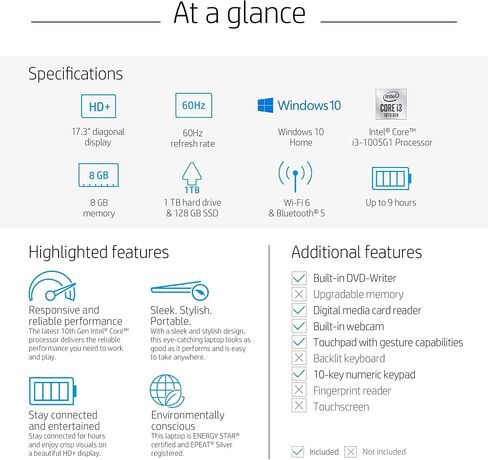 2020 New HP 17-by3063st 17.3" HD+ Display Notebook, Intel i3-1005G1, 8GB Memory, 128GB SSD + 1TB Hard Drive, Windows 10, Silver in Saudi Arabia