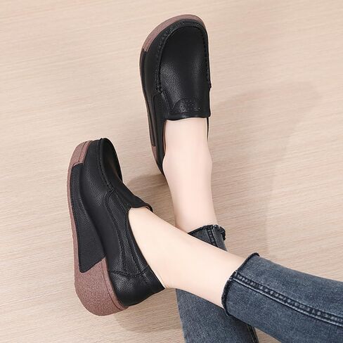 YING LAN Women Slip On Loafers Comfort Leather Wide Low Top Casual Platform Shoes in Kuwait