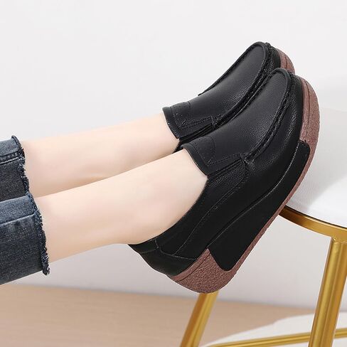 YING LAN Women Slip On Loafers Comfort Leather Wide Low Top Casual Platform Shoes in Kuwait