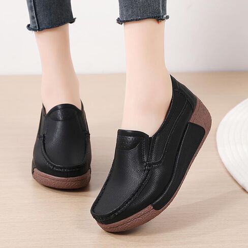 YING LAN Women Slip On Loafers Comfort Leather Wide Low Top Casual Platform Shoes in Kuwait