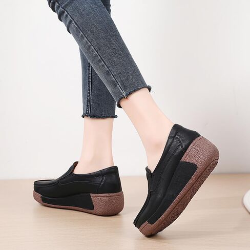 YING LAN Women Slip On Loafers Comfort Leather Wide Low Top Casual Platform Shoes in Kuwait