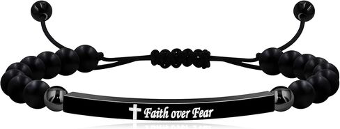 سوار مطرز بالعقيق للجنسين بطول قابل للتعديل - يتميز بنقش الإيمان والشجاعة، ورمز متقاطع، ولمسات معدنية - هدية متعددة الاستخدامات لأي مناسبة in Kuwait