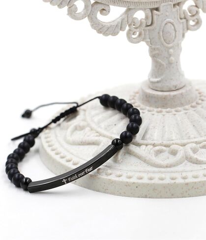 سوار مطرز بالعقيق للجنسين بطول قابل للتعديل - يتميز بنقش الإيمان والشجاعة، ورمز متقاطع، ولمسات معدنية - هدية متعددة الاستخدامات لأي مناسبة in Kuwait