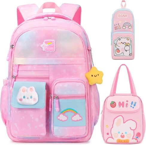 3PCS Kids Backpack for Girls, Girls Backpack Set,Cute Bunny Rainbow School Backpack with Lunch Bag Pencil Case 16.5in in Saudi Arabia