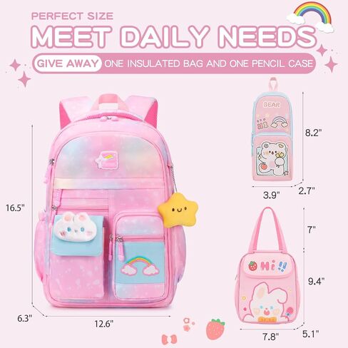 3PCS Kids Backpack for Girls, Girls Backpack Set,Cute Bunny Rainbow School Backpack with Lunch Bag Pencil Case 16.5in in Saudi Arabia