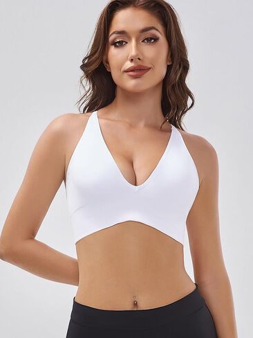 V Neck Sports Bras for Women, Sexy Adjustable Spaghetti Thin Straps, Padded Sports Bralette Cross Back Dance Workout Tops in Saudi Arabia