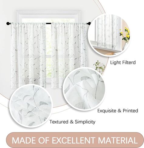 MRTREES ستارة شفافة بيضاء بطول 40.64 سم لغرفة النوم، ستائر من الكتان المزخرف بأوراق شجر مطبوعة لغرفة المعيشة، لوحات ستائر مطبوعة، معالجة نافذة الجيب، لوحة واحدة in Kuwait