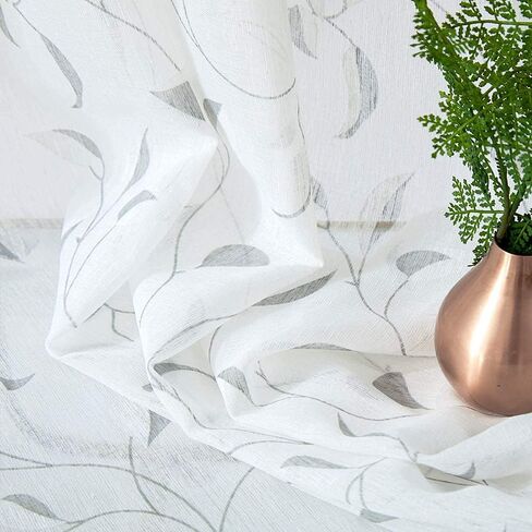 MRTREES ستارة شفافة بيضاء بطول 40.64 سم لغرفة النوم، ستائر من الكتان المزخرف بأوراق شجر مطبوعة لغرفة المعيشة، لوحات ستائر مطبوعة، معالجة نافذة الجيب، لوحة واحدة in Kuwait