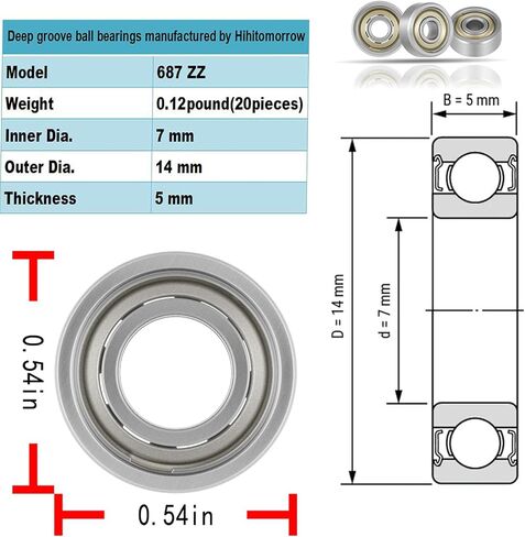 محامل كروية 687zz 7 مم × 14 مم × 5 مم مزدوجة الحماية 687-2Z محامل كروية ذات أخدود عميق لجزازة العشب، وعربات اليد، والعربات، والشاحنات اليدوية، وألواح التزلج، والزلاجات المضمنة، وما إلى ذلك (20 قطعة) in Kuwait