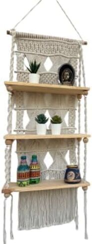 Macrame Wall Hanging Shelf - 3 Tier Wall Shelves with Handmade Woven Rope - Boho Shelves Organizer Hanger for Kitchen, Bathroom, Home Storage,(Pine Wood) in Saudi Arabia