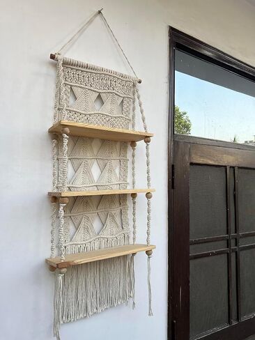 Macrame Wall Hanging Shelf - 3 Tier Wall Shelves with Handmade Woven Rope - Boho Shelves Organizer Hanger for Kitchen, Bathroom, Home Storage,(Pine Wood) in Saudi Arabia