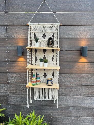 Macrame Wall Hanging Shelf - 3 Tier Wall Shelves with Handmade Woven Rope - Boho Shelves Organizer Hanger for Kitchen, Bathroom, Home Storage,(Pine Wood) in Saudi Arabia