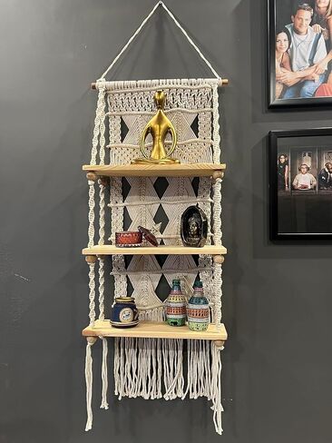 Macrame Wall Hanging Shelf - 3 Tier Wall Shelves with Handmade Woven Rope - Boho Shelves Organizer Hanger for Kitchen, Bathroom, Home Storage,(Pine Wood) in Saudi Arabia