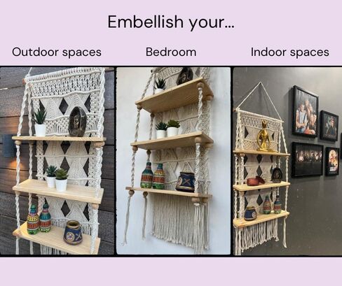 Macrame Wall Hanging Shelf - 3 Tier Wall Shelves with Handmade Woven Rope - Boho Shelves Organizer Hanger for Kitchen, Bathroom, Home Storage,(Pine Wood) in Saudi Arabia