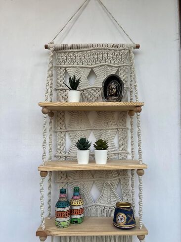 Macrame Wall Hanging Shelf - 3 Tier Wall Shelves with Handmade Woven Rope - Boho Shelves Organizer Hanger for Kitchen, Bathroom, Home Storage,(Pine Wood) in Saudi Arabia