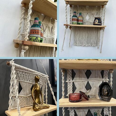 Macrame Wall Hanging Shelf - 3 Tier Wall Shelves with Handmade Woven Rope - Boho Shelves Organizer Hanger for Kitchen, Bathroom, Home Storage,(Pine Wood) in Saudi Arabia