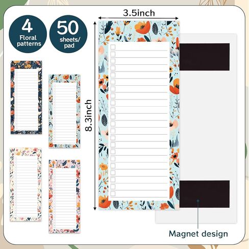 4 قطع من دفاتر الملاحظات المغناطيسية للثلاجة، دفاتر ملاحظات لقائمة التسوق وقائمة المهام والتذكيرات بتصميم الأزهار 50 ورقة in Kuwait