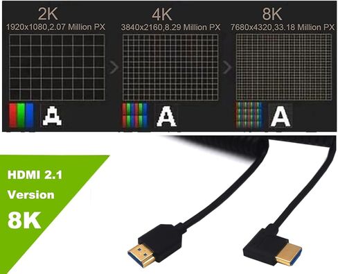 كابل ملفوف HDMI 8K بطول 4 أقدام، كابل حلزوني HDMI 2.1 إصدار Ultra HD، زاوية 90 درجة لأعلى HDMI 8K ذكر إلى HDMI 8K ذكر محول سلك حماية زنبركي، 8K@60HZ in Saudi Arabia
