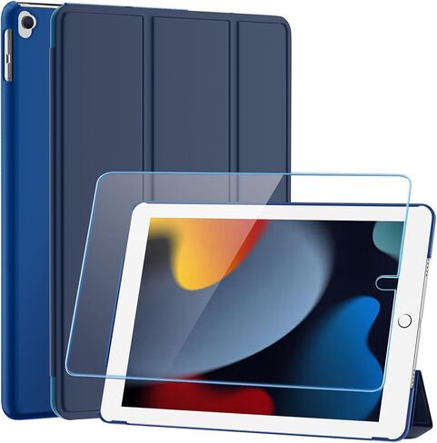 حافظة SUPFINE لجهاز iPad الجيل التاسع 2021 مقاس 10.2 بوصة، مع [واقي شاشة زجاجي]/ حافظة iPad الجيل الثامن 2020/ حافظة iPad الجيل السابع 2019، غطاء خلفي شفاف بحامل نحيف، أزرق داكن in Kuwait