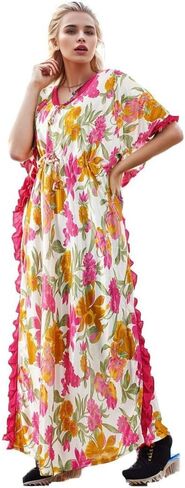 Onekbhalo Women's Satin Floral Kaftan Nighty Maxi Gown Red in Saudi Arabia