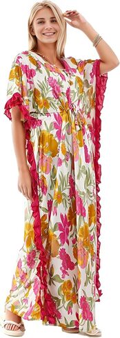 Onekbhalo Women's Satin Floral Kaftan Nighty Maxi Gown Red in Saudi Arabia