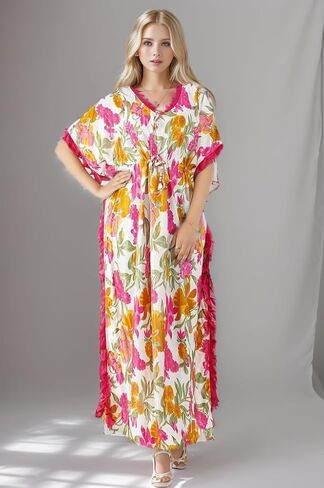 Onekbhalo Women's Satin Floral Kaftan Nighty Maxi Gown Red in Saudi Arabia