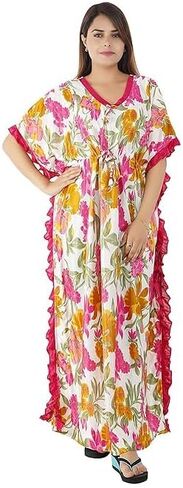 Onekbhalo Women's Satin Floral Kaftan Nighty Maxi Gown Red in Saudi Arabia