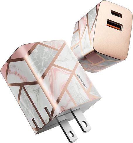 شاحن حائط i-Blason سريع USB C، محول طاقة مدمج 20 وات PD 3.0 USB قابل للطي مع منفذين متوافق مع iPhone 15/ iPhone 14/iPhone 13/MagSafe Charger/iPad/Samsung Galaxy S23 (رخام) in Kuwait