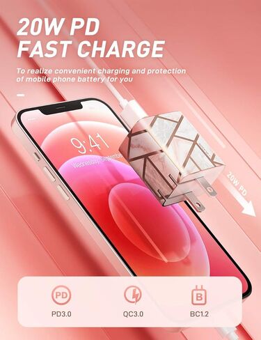 شاحن حائط i-Blason سريع USB C، محول طاقة مدمج 20 وات PD 3.0 USB قابل للطي مع منفذين متوافق مع iPhone 15/ iPhone 14/iPhone 13/MagSafe Charger/iPad/Samsung Galaxy S23 (رخام) in Kuwait