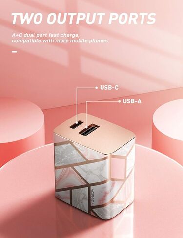 شاحن حائط i-Blason سريع USB C، محول طاقة مدمج 20 وات PD 3.0 USB قابل للطي مع منفذين متوافق مع iPhone 15/ iPhone 14/iPhone 13/MagSafe Charger/iPad/Samsung Galaxy S23 (رخام) in Kuwait