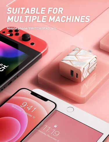 شاحن حائط i-Blason سريع USB C، محول طاقة مدمج 20 وات PD 3.0 USB قابل للطي مع منفذين متوافق مع iPhone 15/ iPhone 14/iPhone 13/MagSafe Charger/iPad/Samsung Galaxy S23 (رخام) in Kuwait