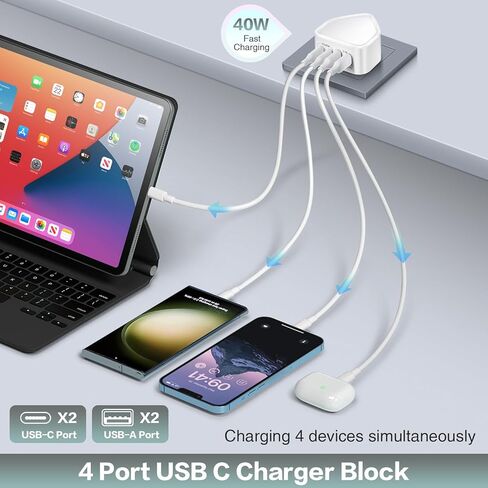 مجموعة شاحن USB C مكونة من قطعتين • كتل شحن مسطحة رفيعة وسريعة بقدرة 40 وات • محول طاقة PD ذو 4 منافذ رفيعة من النوع C Cube • صندوق توصيل جداري متعدد المنافذ لأجهزة iPhone 15 وSamsung S23 وPixel 7 والكمبيوتر اللوحي in Kuwait