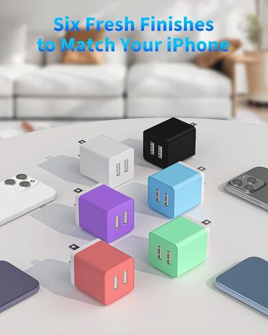 شاحن iPhone، شاحن USB، 6 عبوات شاحن حائط سريع USB مزدوج المنفذ 12 وات، كتلة شاحن USB لهاتف iPhone 15 14 13 12 11 Pro Max SE XS XR X 8 7 6 5، iPad Pro/Mini/Air، Samsung، LG، Moto هواتف أندرويد - ملونة in Kuwait