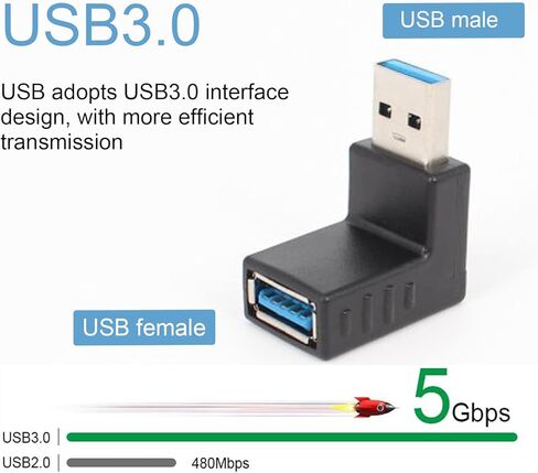 2 قطعة محول USB 3.0 90 درجة 5 جيجابت في الثانية USB إلى ذكر إلى أنثى وصلة زاوية قائمة، وصلة رأسية مدمجة لأعلى وأسفل موصل in Kuwait