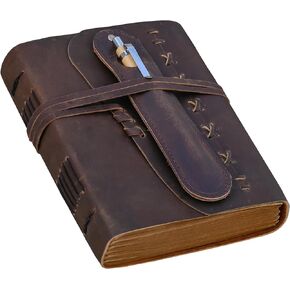 Leather Journal Notebook for Men & Women Daily Vintage Leather Bound Journal Travel Notebook 290 Lined Paper Diary Writing Journal Travelers Scrapbook Poetry Sketchbook Leather Gifts with Pen Holder
