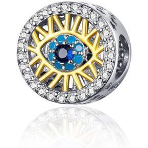 Lucky Eye Charms fit for Pandora Bracelets 925 Sterling Silver Gold Plated Blue Crystal Charm Beads (A)