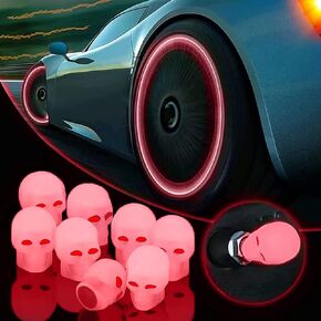 Universal Fluorescent Car Tire Valve Caps, 8Pcs Luminous Skull Tire Air Valves Stem Caps, Glow in The Dark Tire Valve Caps, Suitable for Most Cars, Motorcycles, SUV, Trucks, and Bicycles (Skull-Red)