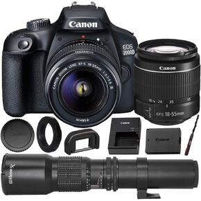 كاميرا Canon EOS 2000D (Rebel T7) DSLR مع عدسة EF-S 18-55mm f/3.5-5.6 DC III وحزمة الملحقات الفاخرة - تتضمن: عدسة تليفوتوغرافي معدة مسبقًا مقاس 500 مم والمزيد (متجددة)