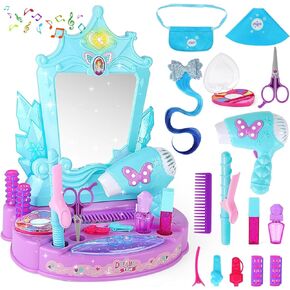 deAO Pretend Play Girls Vanity Set, Portable Makeup Kits with Lights and Sounds, Kids Beauty Salon Set with Real Mirror, Birthday for Girls 3 Year Old Toddler