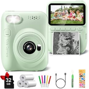 Kids Camera Instant Print, 3.0" HD 1080P Digital Video Cameras with 3 Rolls of Printer Paper for Toddler, Birthday Gifts Toy for 3 4 5 6 7 8 9 10 Year Old Girls Boys with 32GB SD Card-Green