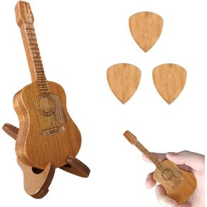 Wooden Guitar Picks Box with Stand, Mini Guitar Shaped Pick Holder with 3PCS Guitar Picks, Engraved Guitar Pick Holder, Guitar Pick Case for Guitar Bass Player Lovers in Kuwait
