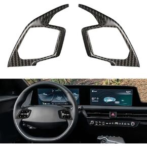 JSWAN 2pcs Real Carbon Fiber Steering Wheel Panel Cover for KIA EV6 GT GTLINE (2021-2024) and KIA NIRO EV (2023) Dry Carbon Fiber Steering Wheel Button Frame Trim Cover (Bright Black)