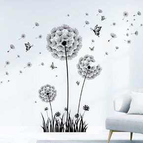 BS-105 Dandelion Wall Decals Black Flower Flying Butterflies Stickers for Living Room Bedroom Nursery Bathroom Home Decor Art Decoration
