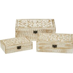 Deco 79 Mango Wood Floral Handmade Decorative Box Decorative Keepsake Boxes with Hinged Lid, Set of 3 Storage Boxes 8", 10", 12"W, White