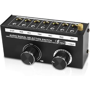 XMSJSIY 6.35mm/3.5mm Audio Selector Switcher 6-in-1-out 1/4 1/8" TRS Stereo Audio Switcher Box 6 Input & 1 Output Splitter Audio Sharing with Volume Control for Speaker, Headphones, Subwoofer, Mixer