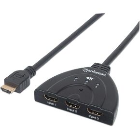 Manhattan Products 4K@60Hz 3-Port HDMI Switch, USB Powered, Integrated Cable, Easily Switch Between 2 HDMI Sources – Great for Game Systems – Automatic or Manual Switching - Black