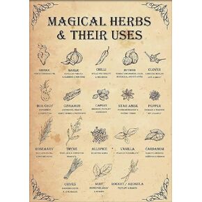 DZQUY Magical Herbs And Their Uses Witchy Poster Kitchen Witch Wall Art Vintage Witchery Witches Magic Knowledge Tin Signs For Man Cave 8x12 Inch, Brown