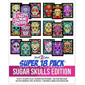 Stuff2Color Super Pack of 18 Fuzzy Velvet Coloring Posters (Sugar Skulls Edition) - Great Kid Friendly Halloween, Day of the Dead, Dia de los Muertos Arts and Craft Activity [All Ages Fun] (1 Pack)