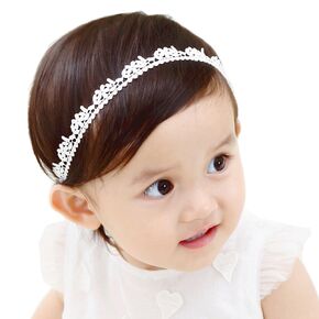 Newborn Christening Baby Headband Bows Baptism Flower Hairband White Hair Bows with Adjustable Ribbon